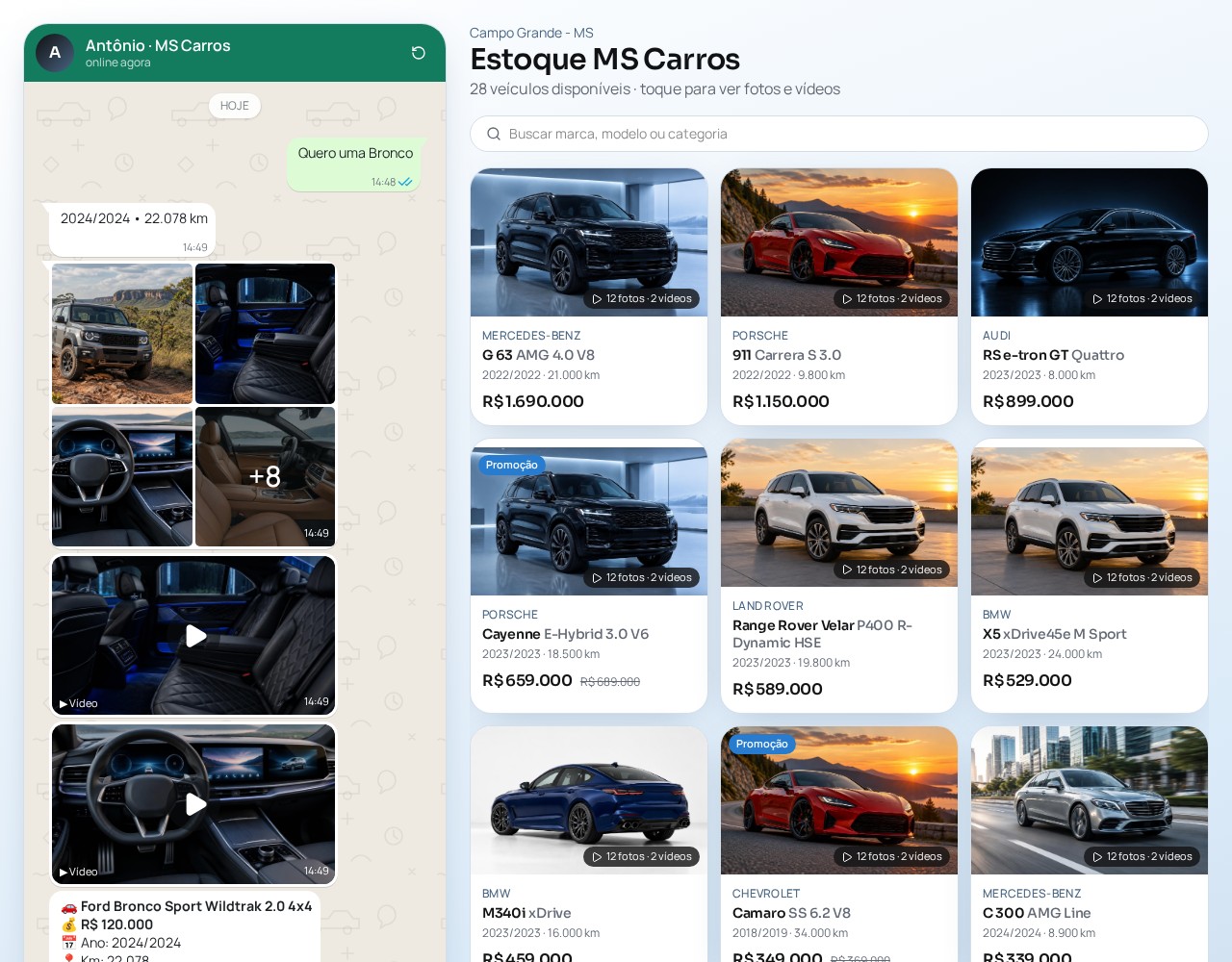 Antônio atendendo um comprador com fotos, vídeos e estoque ao lado